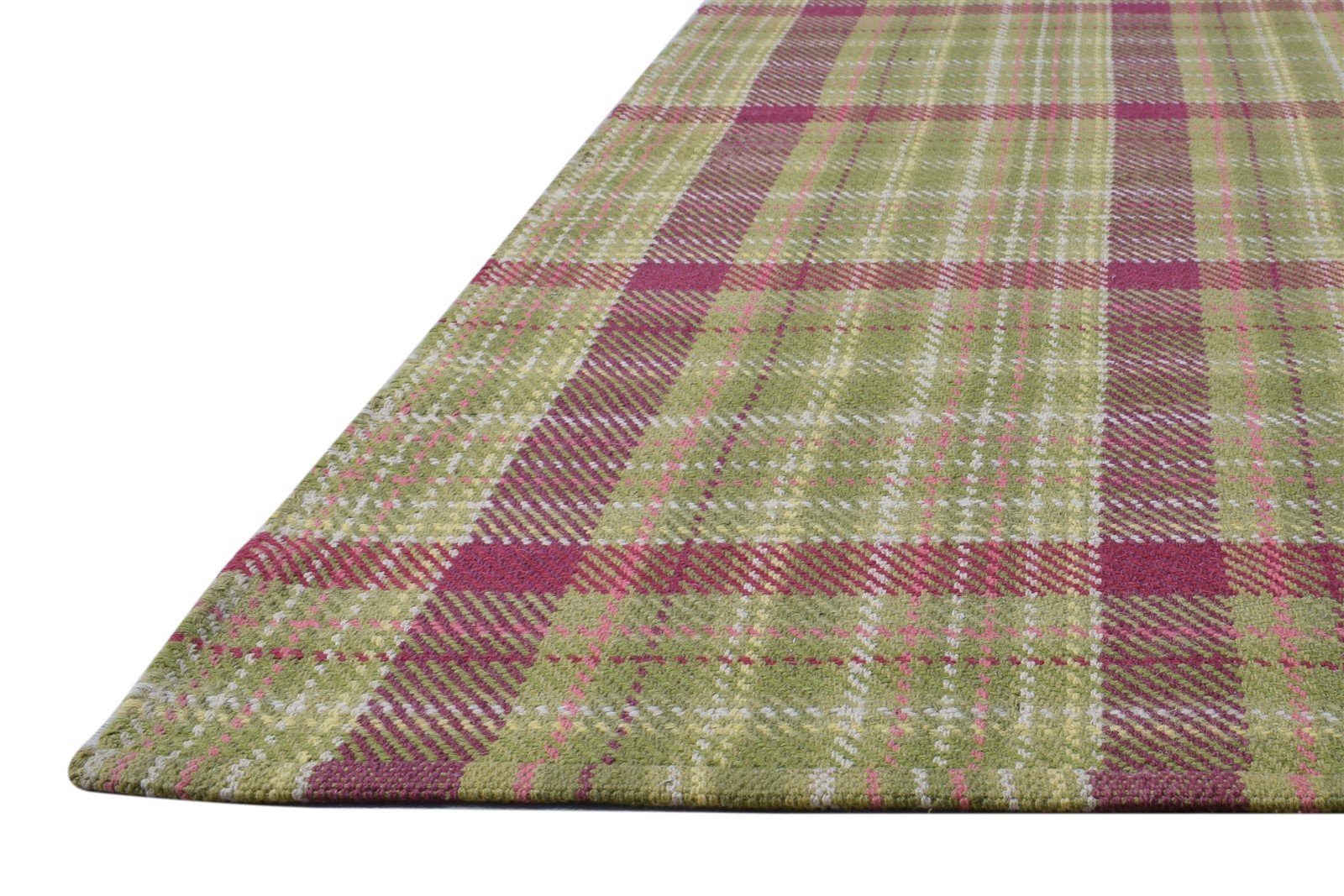 Green Wool Rug 4' X 6' Modern Dhurrie Scandinavian Plaids Room Size Carpet 