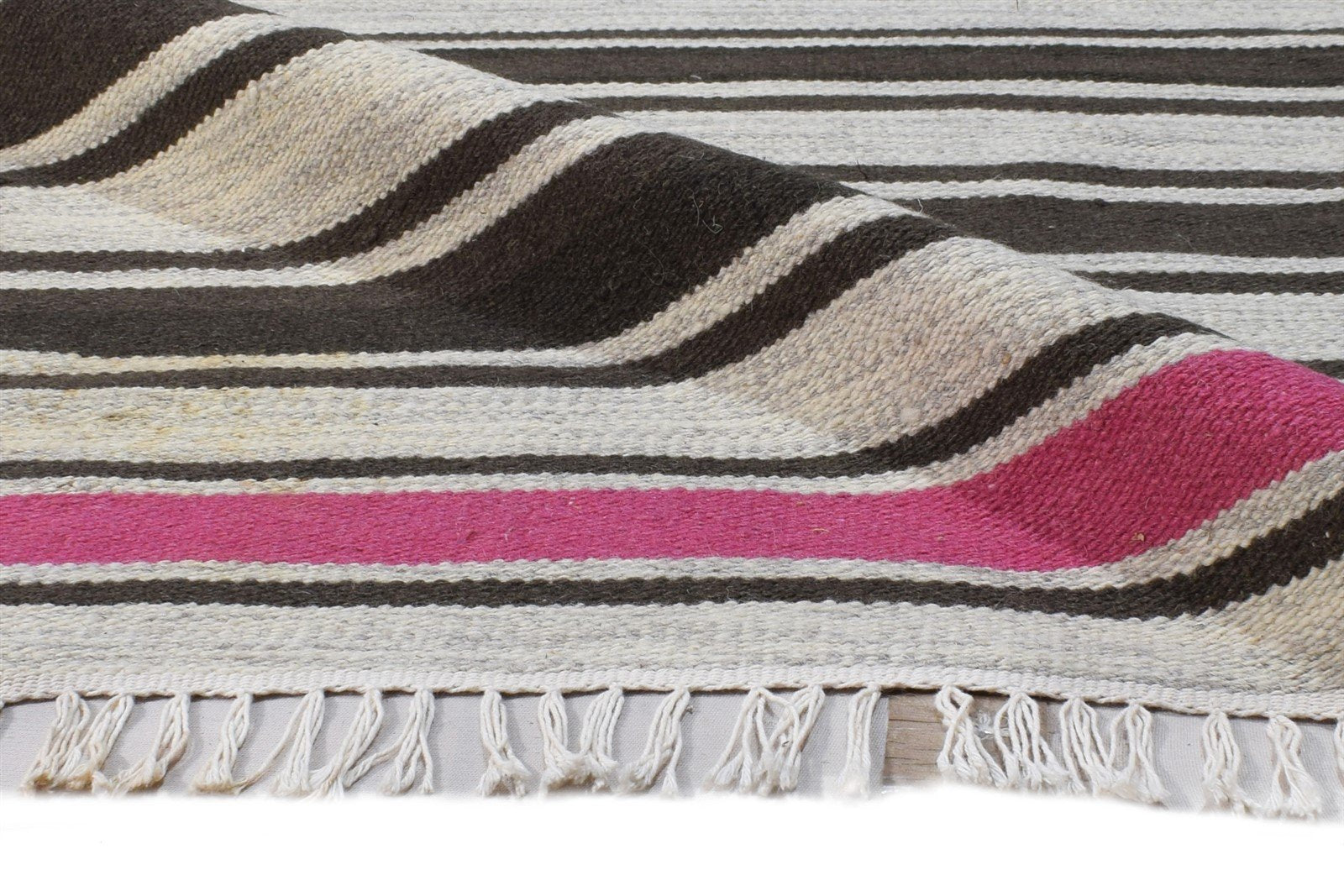 5' X 8' Rug Wool Brown Modern Dhurrie Scandinavian Striped Room Size Carpet 