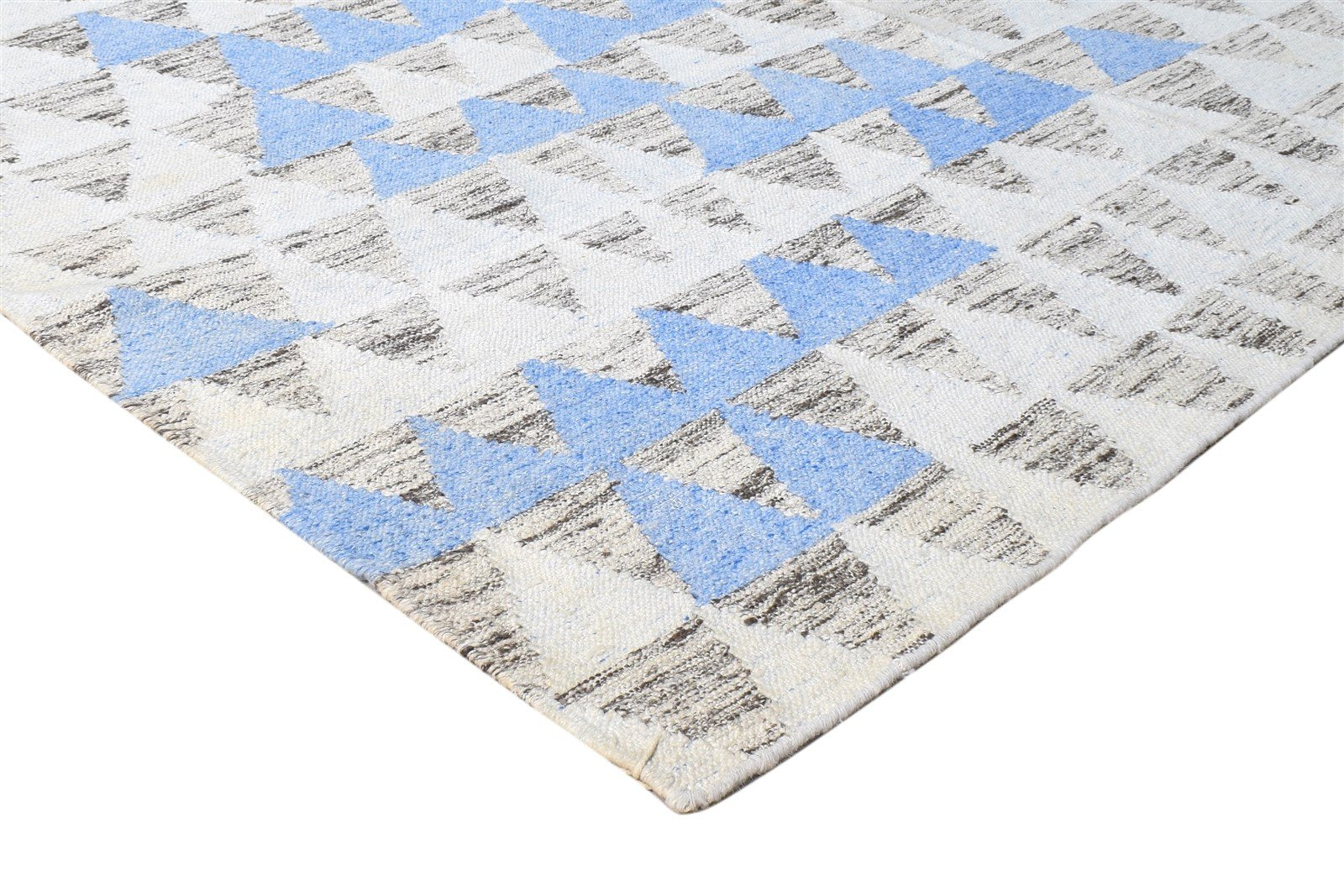 Blue Wool / Silk Rug 6X8 Modern Dhurrie Scandinavian Triangles Room Size Carpet 