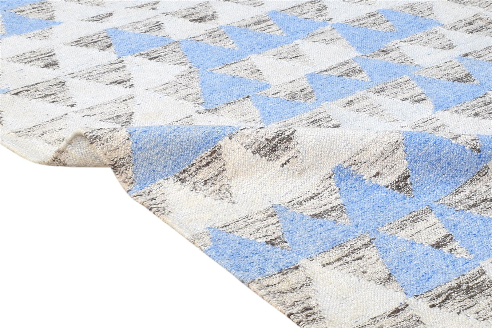 Blue Wool / Silk Rug 6X8 Modern Dhurrie Scandinavian Triangles Room Size Carpet 