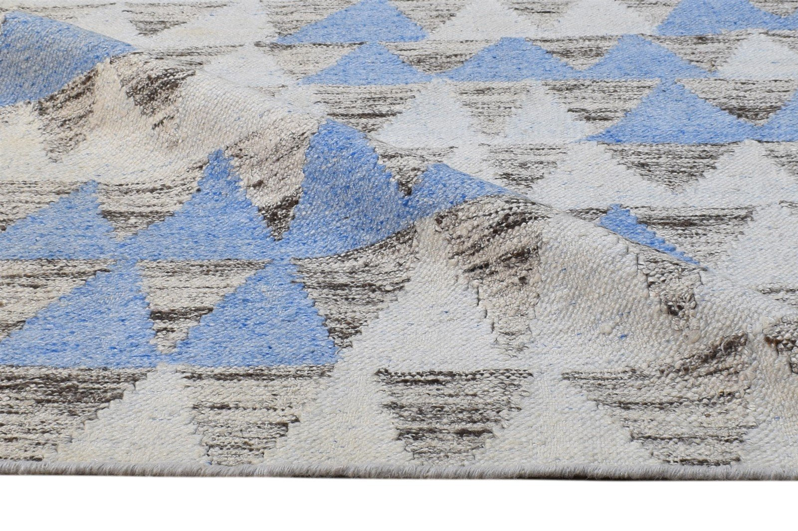 Blue Wool / Silk Rug 6X8 Modern Dhurrie Scandinavian Triangles Room Size Carpet 