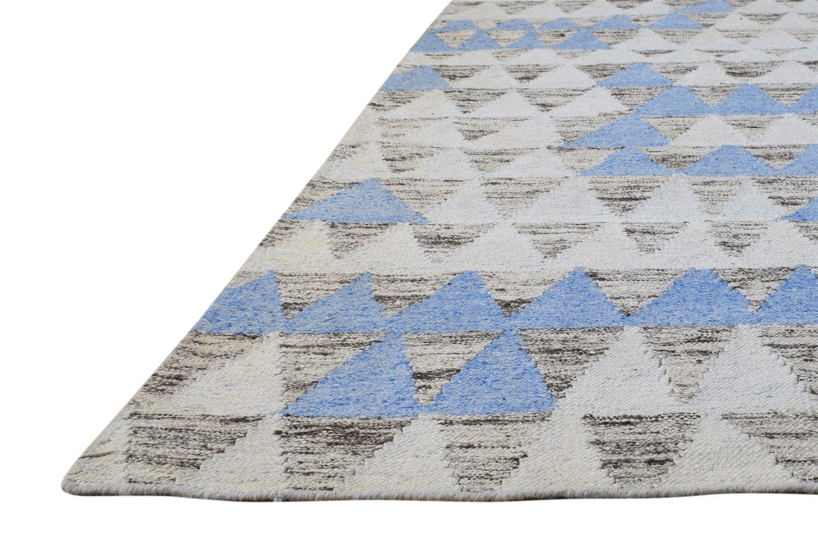 Blue Wool / Silk Rug 6X8 Modern Dhurrie Scandinavian Triangles Room Size Carpet 