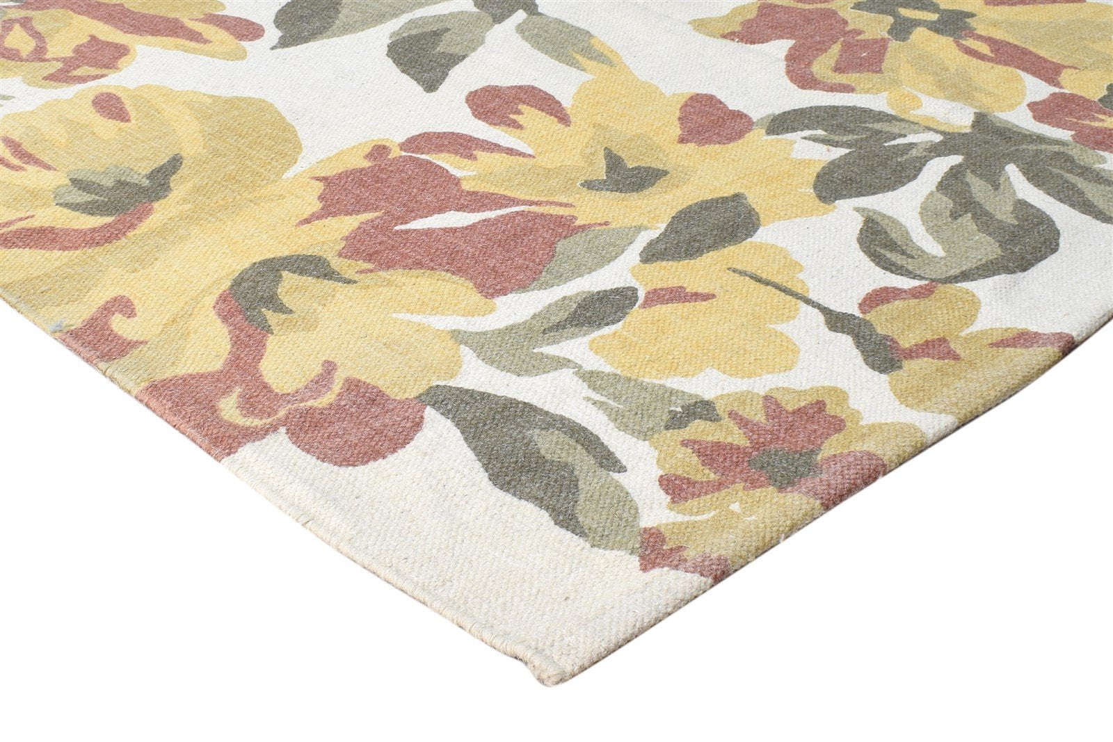 Wool Beige Rug 5' X 8' Modern Dhurrie European Floral Room Size Carpet 