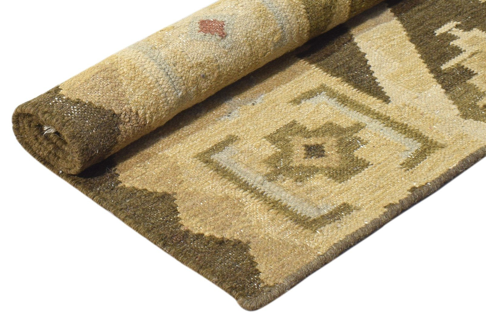 Dhurrie Sage Wool Rug 2'6 X 3' Persian Southwestern Triangles Small Carpet 