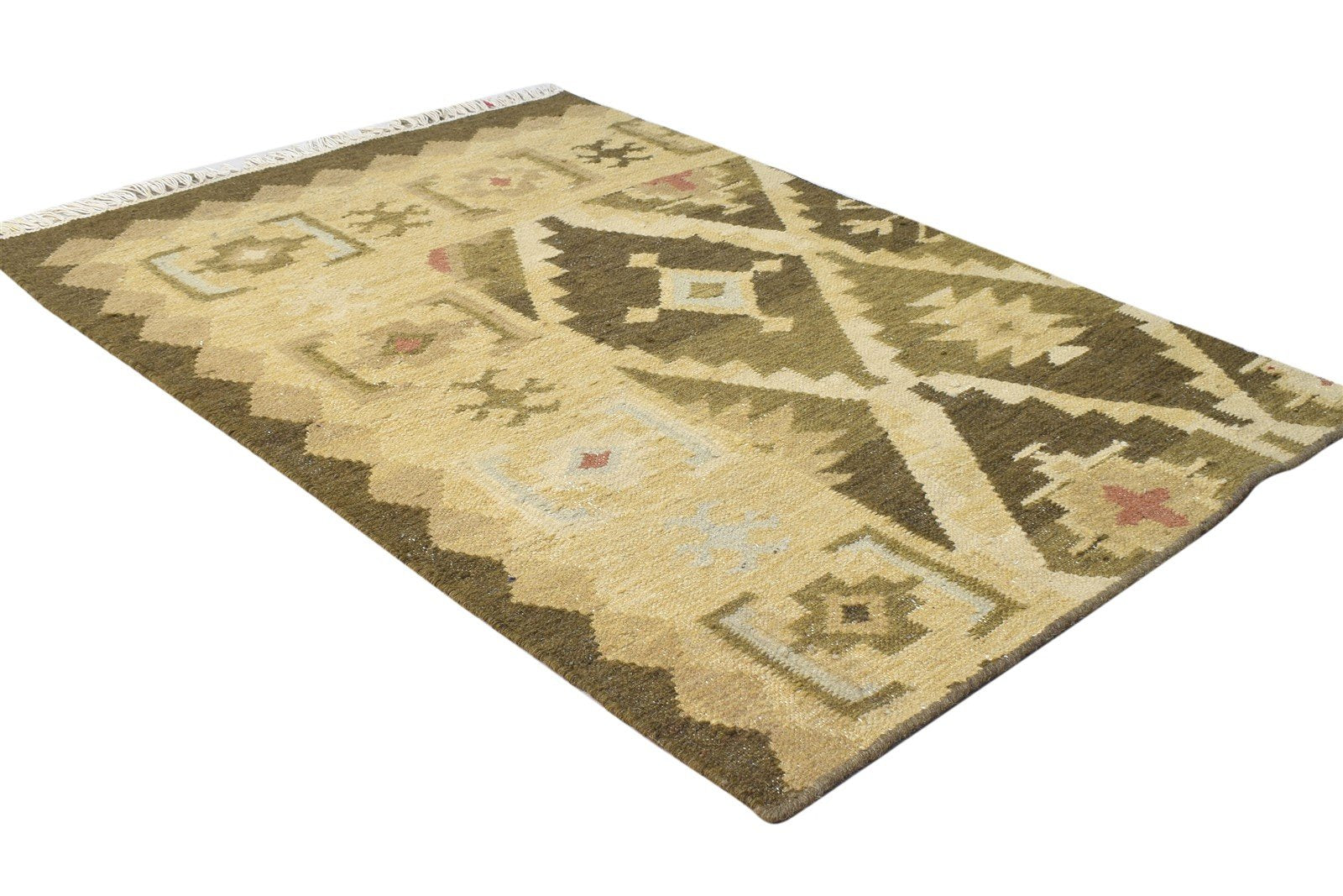 Dhurrie Sage Wool Rug 2'6 X 3' Persian Southwestern Triangles Small Carpet 