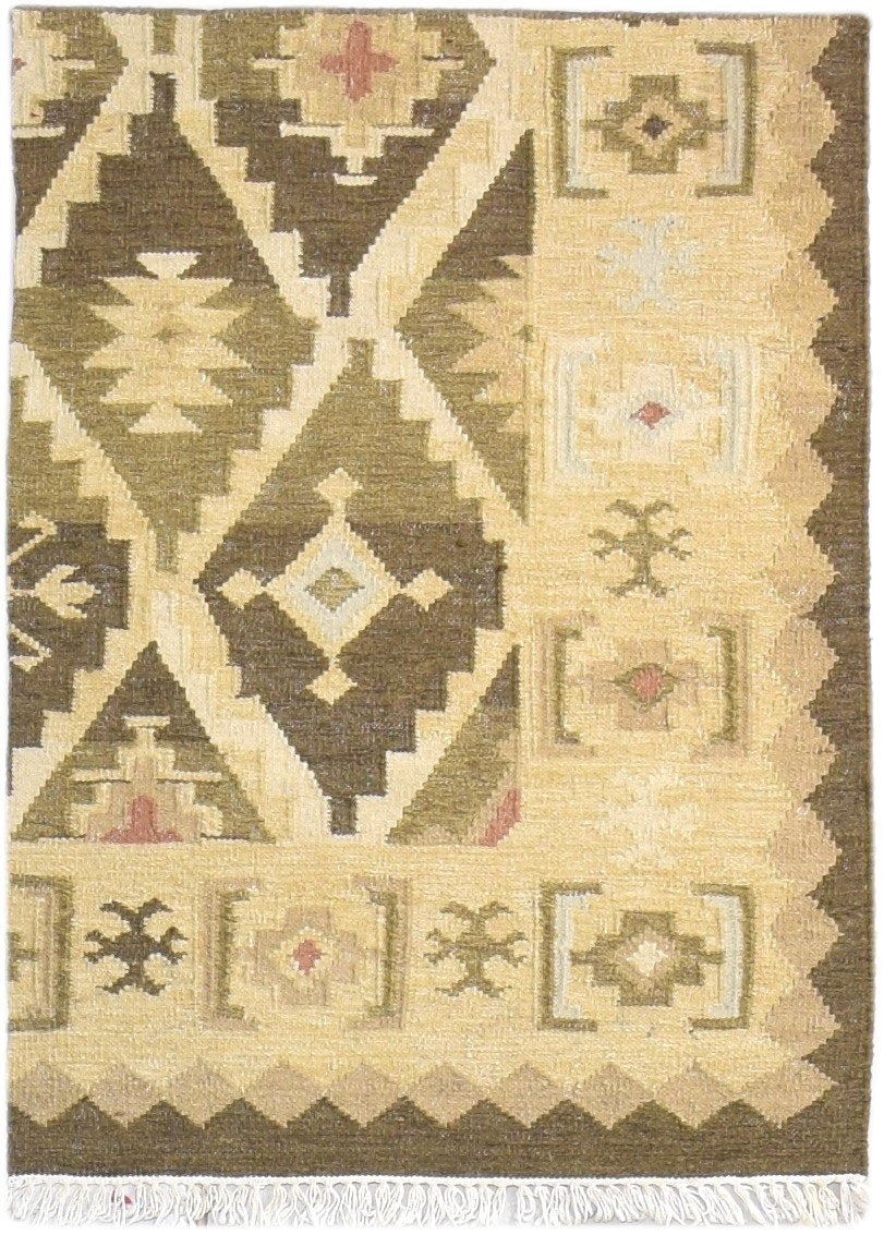 Dhurrie Sage Wool Rug 2'6 X 3' Persian Southwestern Triangles Small Carpet 