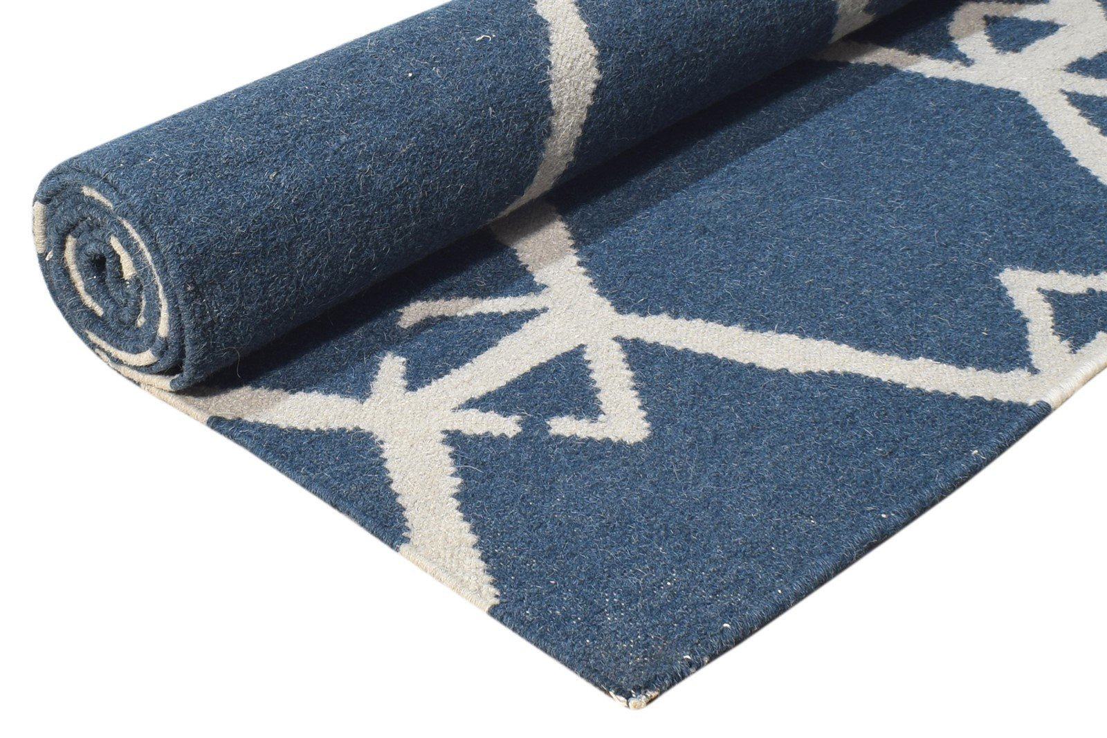 Wool Navy Blue Rug 3' X 4' Modern Dhurrie Scandinavian Nordic Small Carpet 