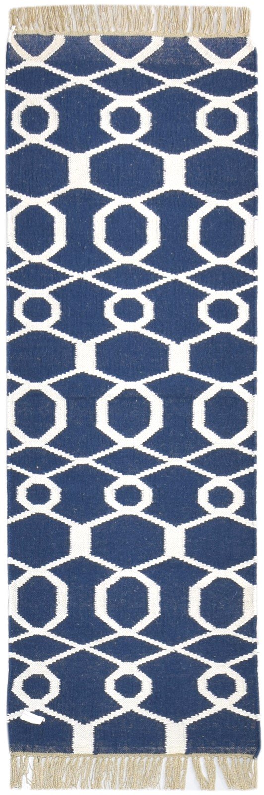 Wool Blue Rug 2' X 6' Modern Dhurrie Scandinavian Nordic Small Runner 