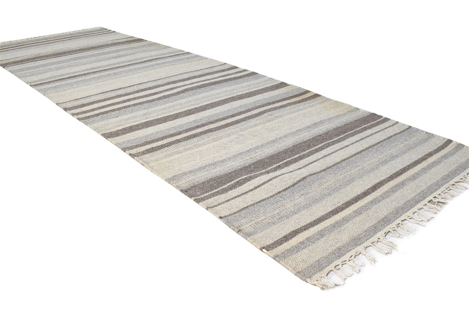 Dhurrie Grey Wool Rug 3' X 8' Modern Scandinavian Striped Small Runner 