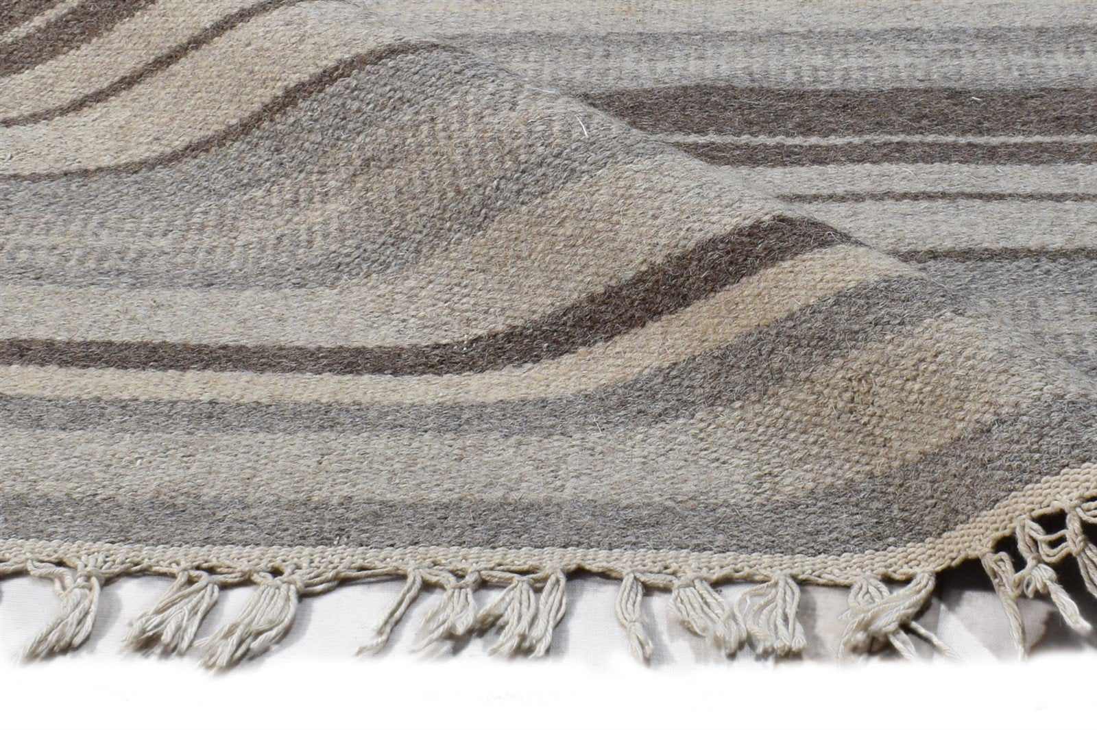 Dhurrie Grey Wool Rug 3' X 8' Modern Scandinavian Striped Small Runner 