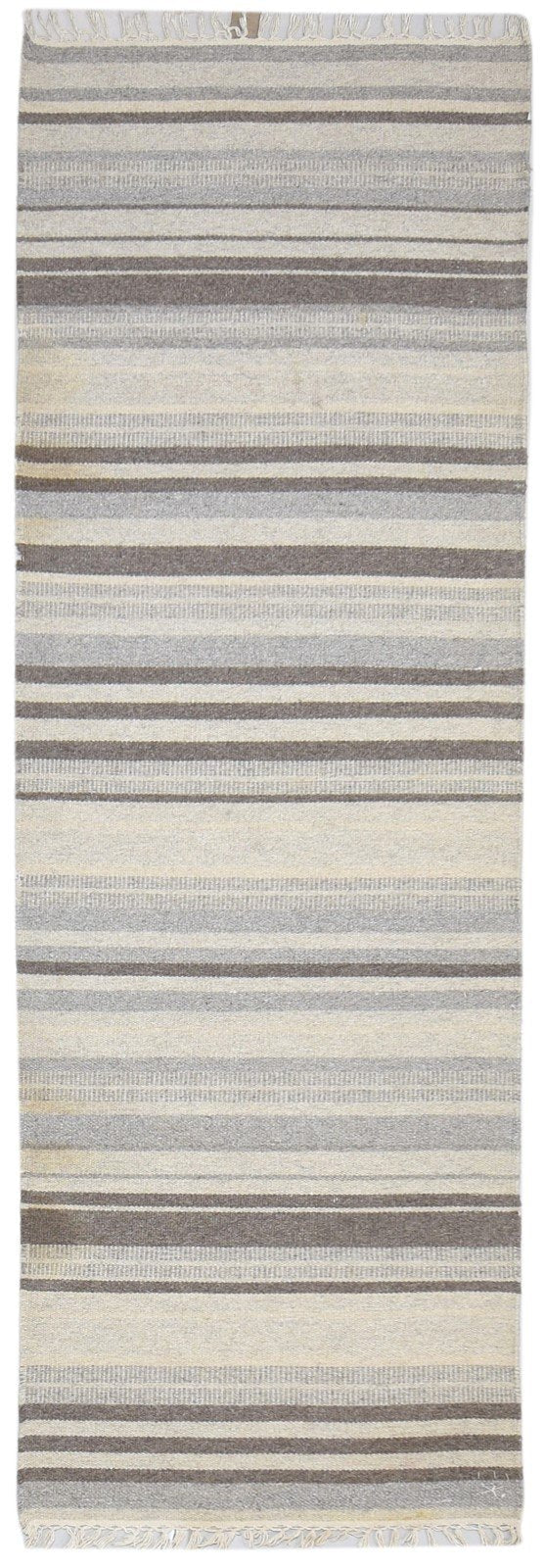 Dhurrie Grey Wool Rug 3' X 8' Modern Scandinavian Striped Small Runner 