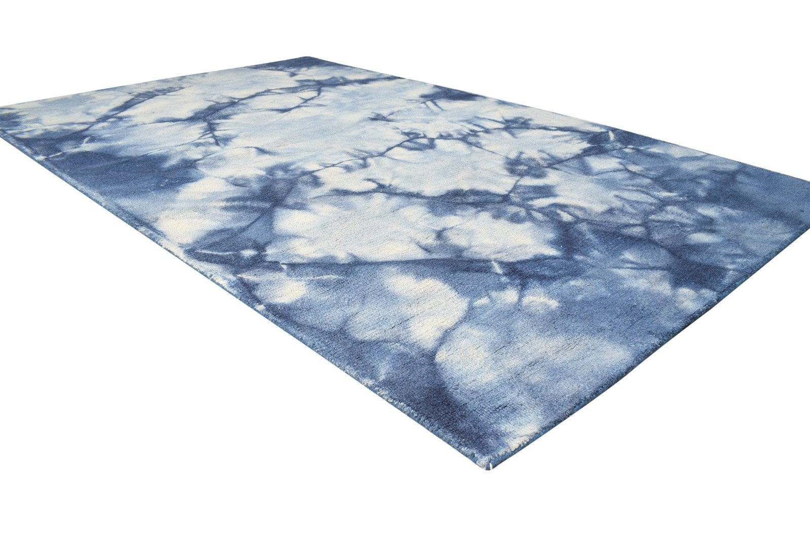 Blue Wool Rug 5' X 8' Modern Hand Tufted Shibori Tie Dye Room Size Carpet 