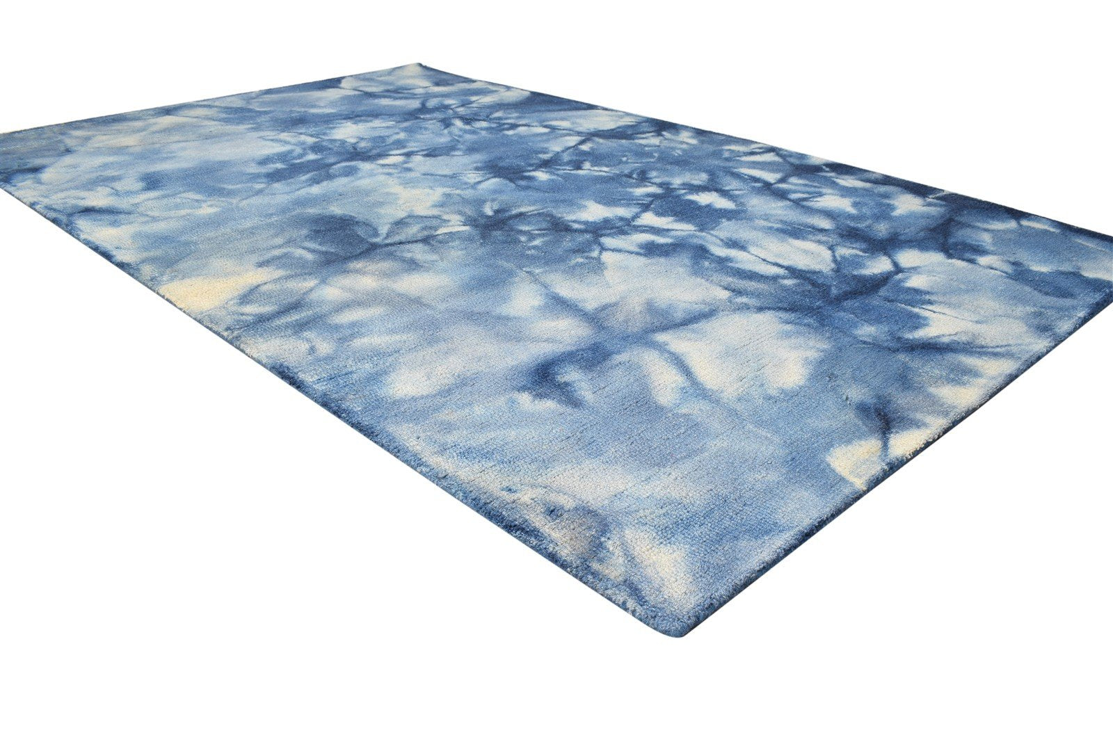 Hand Tufted Blue Wool Rug 5' X 8' Modern Shibori Tie Dye Room Size Carpet 