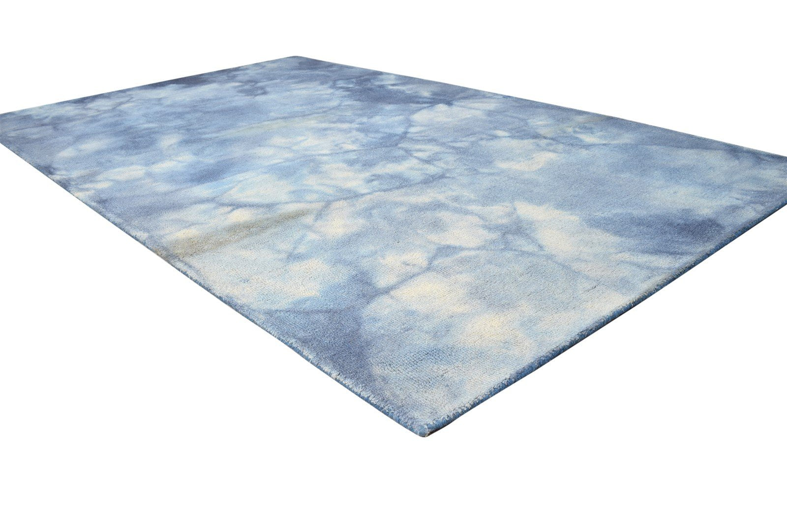 Blue Wool Rug 5' X 8' Modern Hand Tufted Shibori Tie Dye Room Size Carpet 