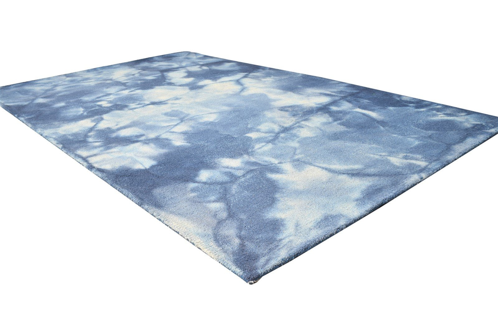 Blue Wool Rug 5' X 8' Modern Hand Tufted Shibori Tie Dye Room Size Carpet 