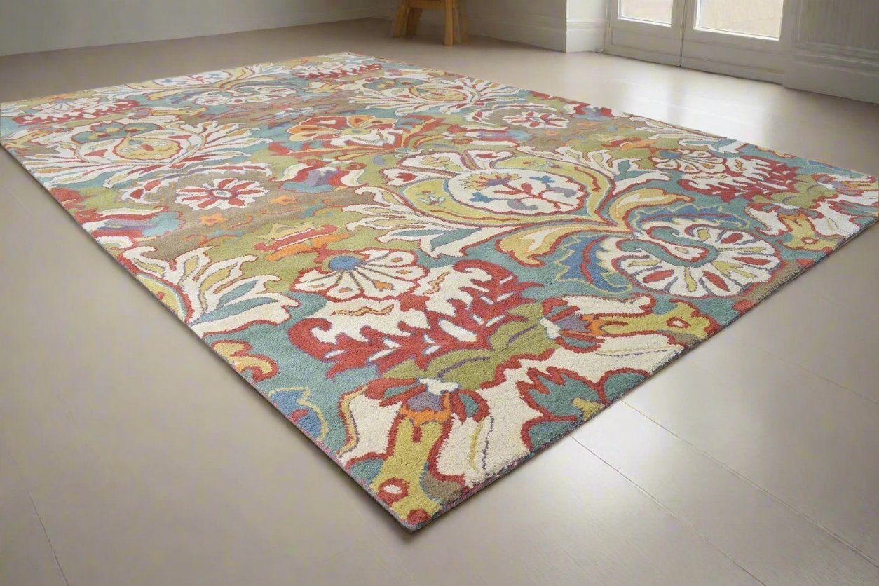 Modern Boho Rug for Bedroom Eclectic Wool Multi Colorful Rug Hand Tufted Floral Carpet