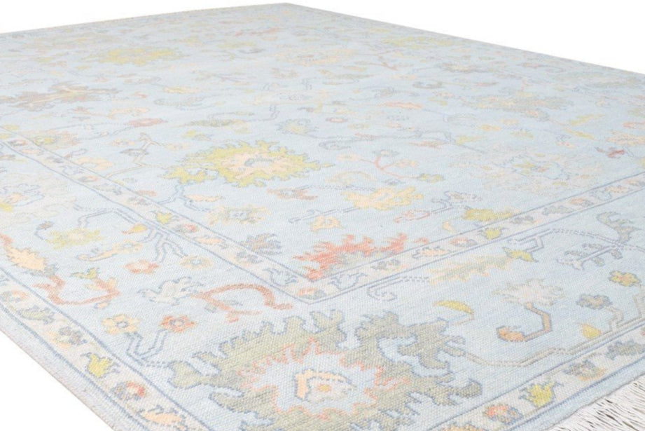 Hand Knotted Blue Wool Rug Persian Oushak Oriental Carpet  Area Rug 