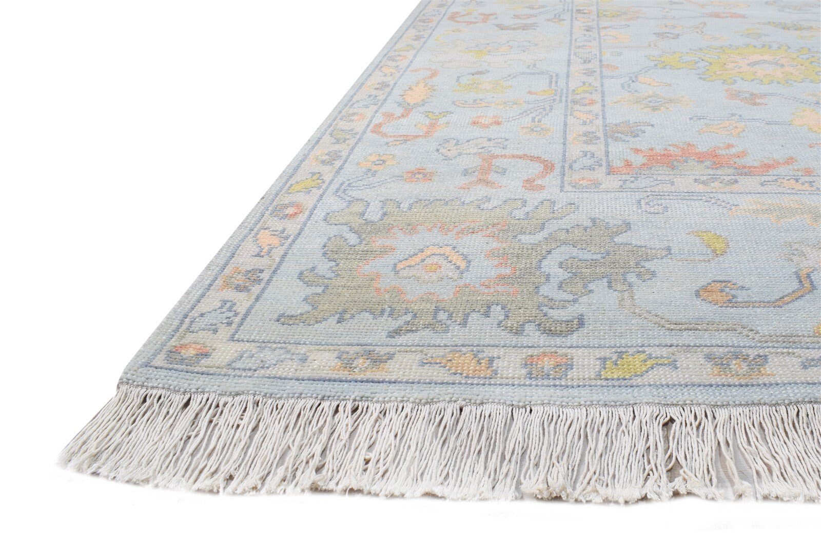 Hand Knotted Blue Wool Rug Persian Oushak Oriental Carpet 