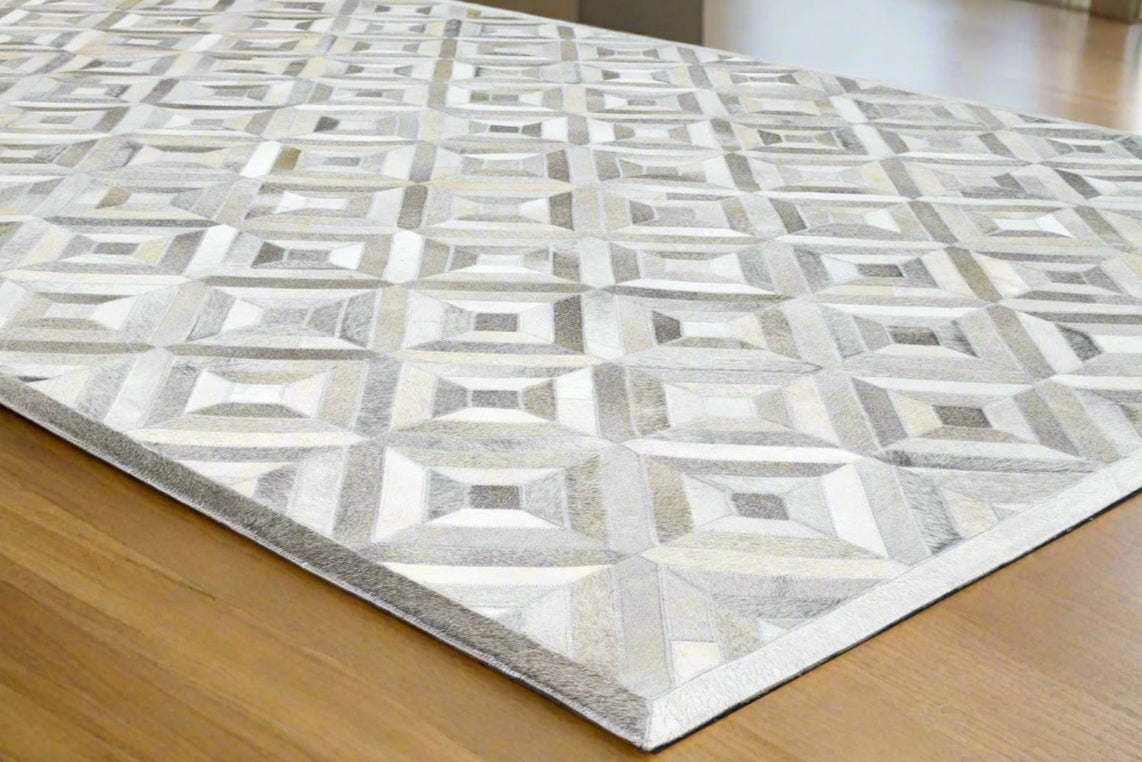 Diamonds Moroccan Leather patchwork rug, Cowhide Rug, Leather Rug for bedroom, Modern Area Rug Gray Carpet 