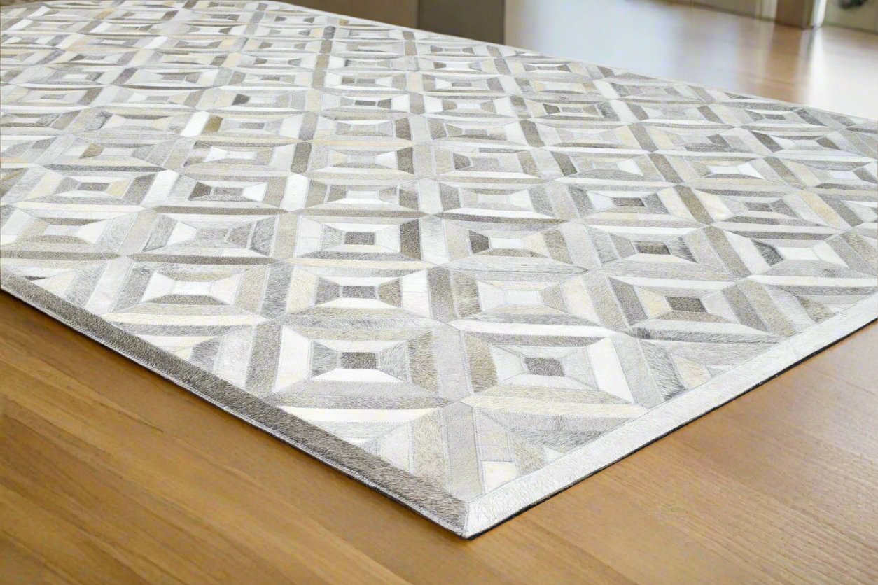 Diamonds Moroccan Leather patchwork rug, Cowhide Rug, Leather Rug for bedroom, Modern Area Rug Gray Carpet