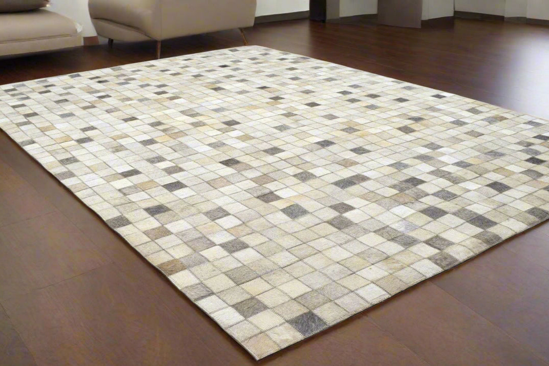 Modern Ivory / Gray Leather blocks Rug, Patchwork Rug, Cowhide Rug Large, Area Rug Carpet 