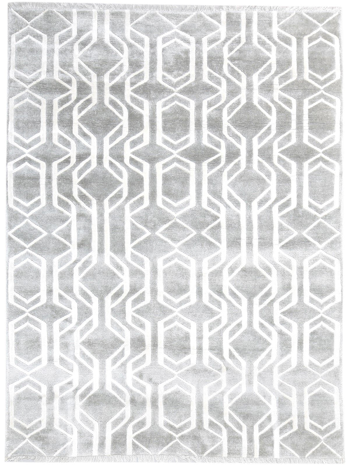6X8 Rug Wool / Silk Grey Modern Hand Knotted Scandinavian Geometric Room Size   7864571527317