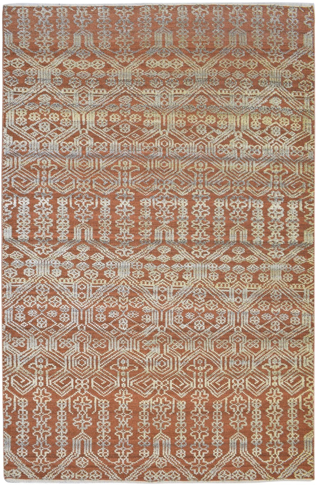 6X9 Rug Wool Silk Rust Transitional Hand Knotted Indian Floral Room Size Carpet   7864081907861