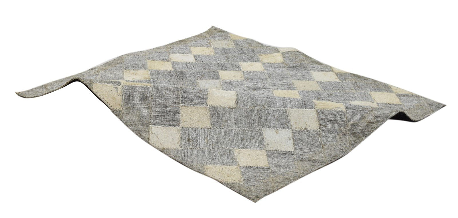 Leather Cowhide / Jacquard Grey Rug 2x2 Modern Hand Woven Diamond 2'0"X2'0" 