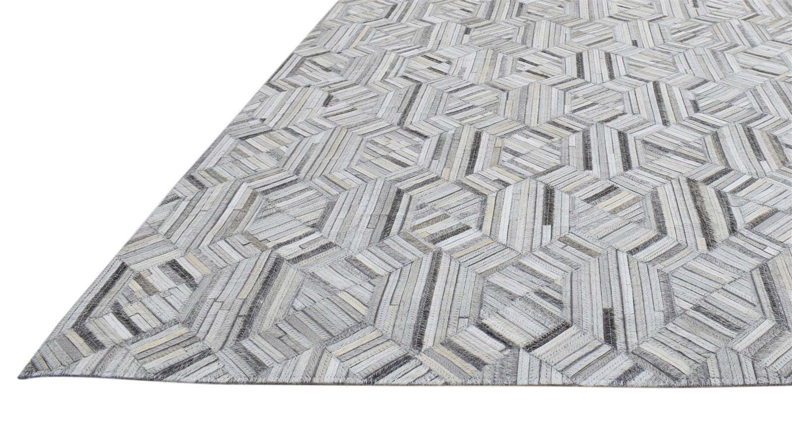 Hand Woven Grey Leather Rug 5' X 7' Modern Scandinavian Zig-Zag Room Size Carpet