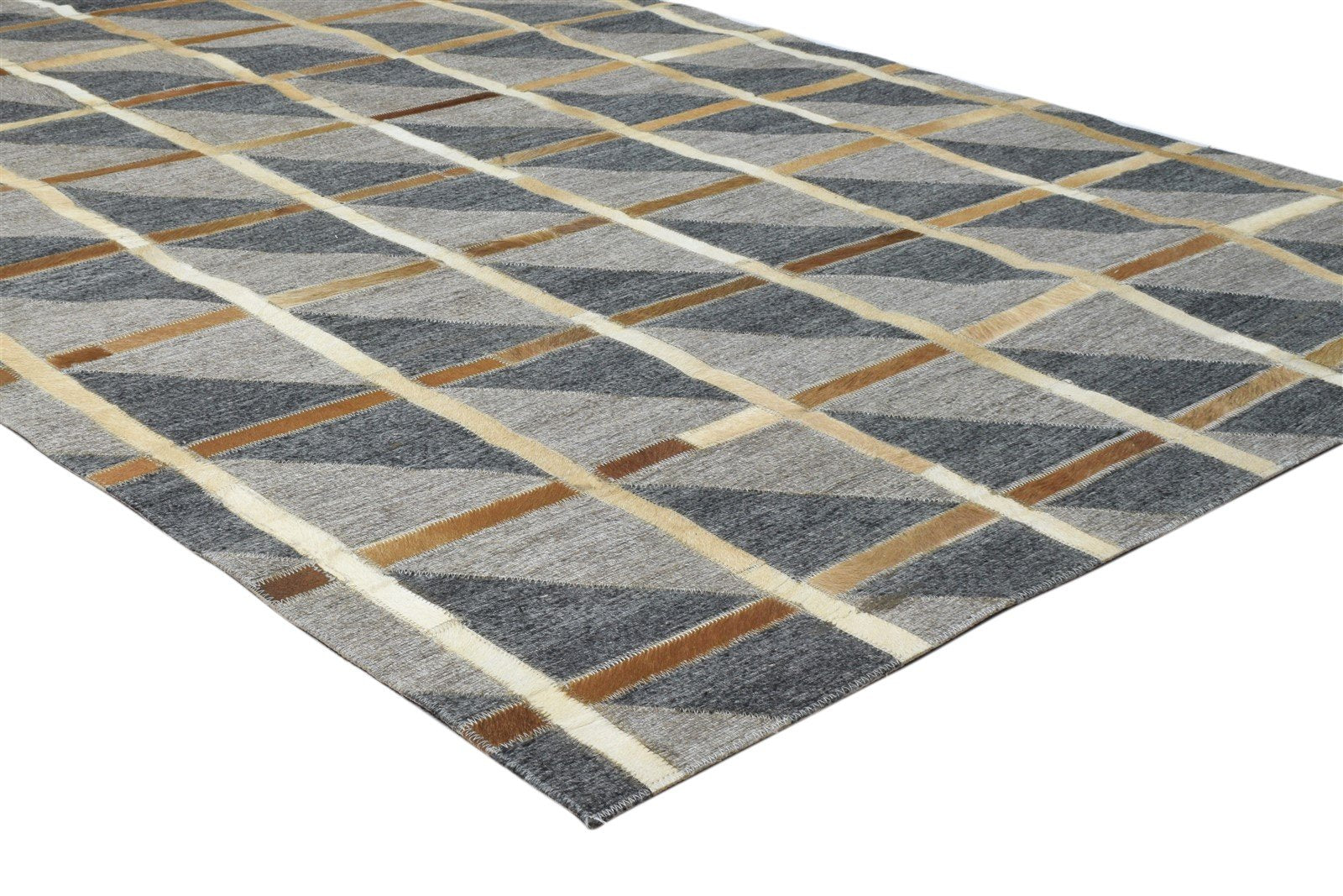 Hand Woven Grey Leather / Cotton Rug 4X6 Modern Scandinavian Plaids Room Size 