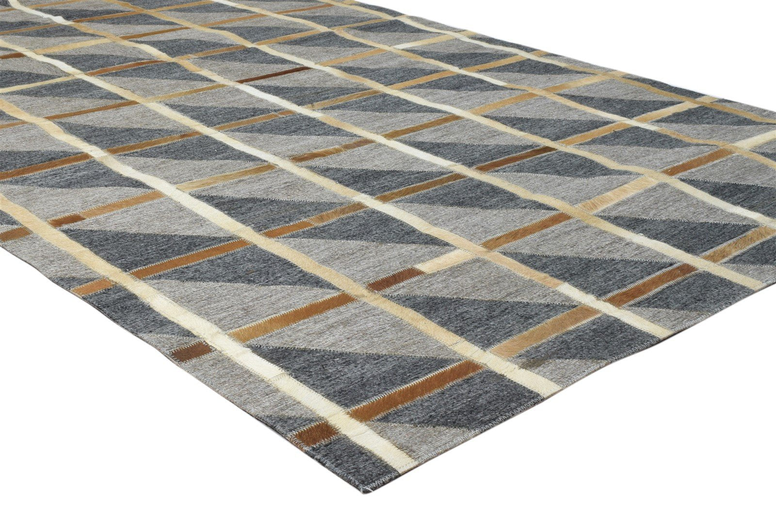 Hand Woven Grey Leather / Cotton Rug 4X6 Modern Scandinavian Plaids Room Size 