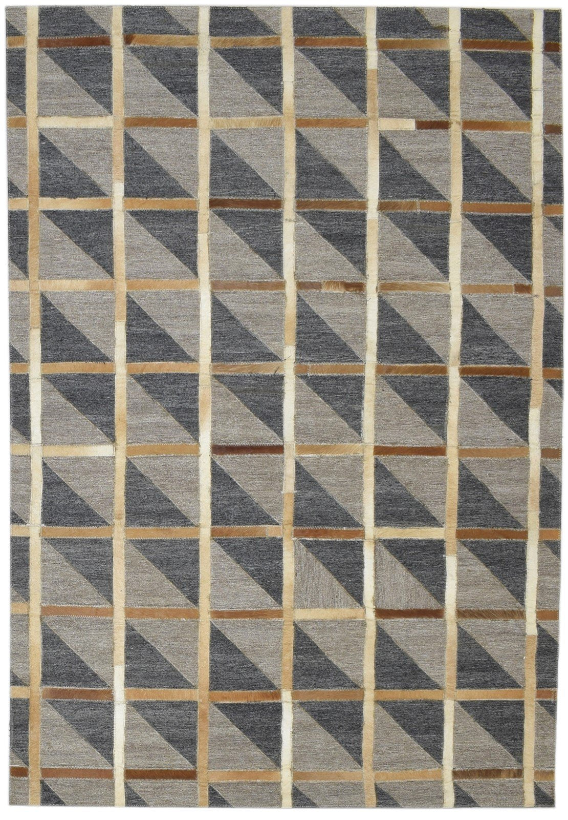 Hand Woven Grey Leather / Cotton Rug 4X6 Modern Scandinavian Plaids Room Size 