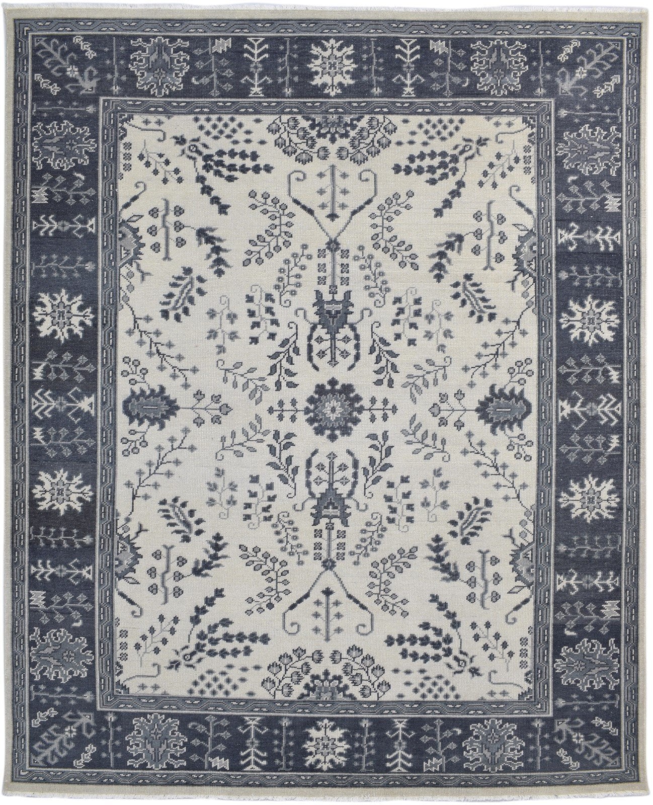 Hand Knotted Grey Wool Rug 8' X 10' Persian Sarouk-Indian Oriental Large Carpet