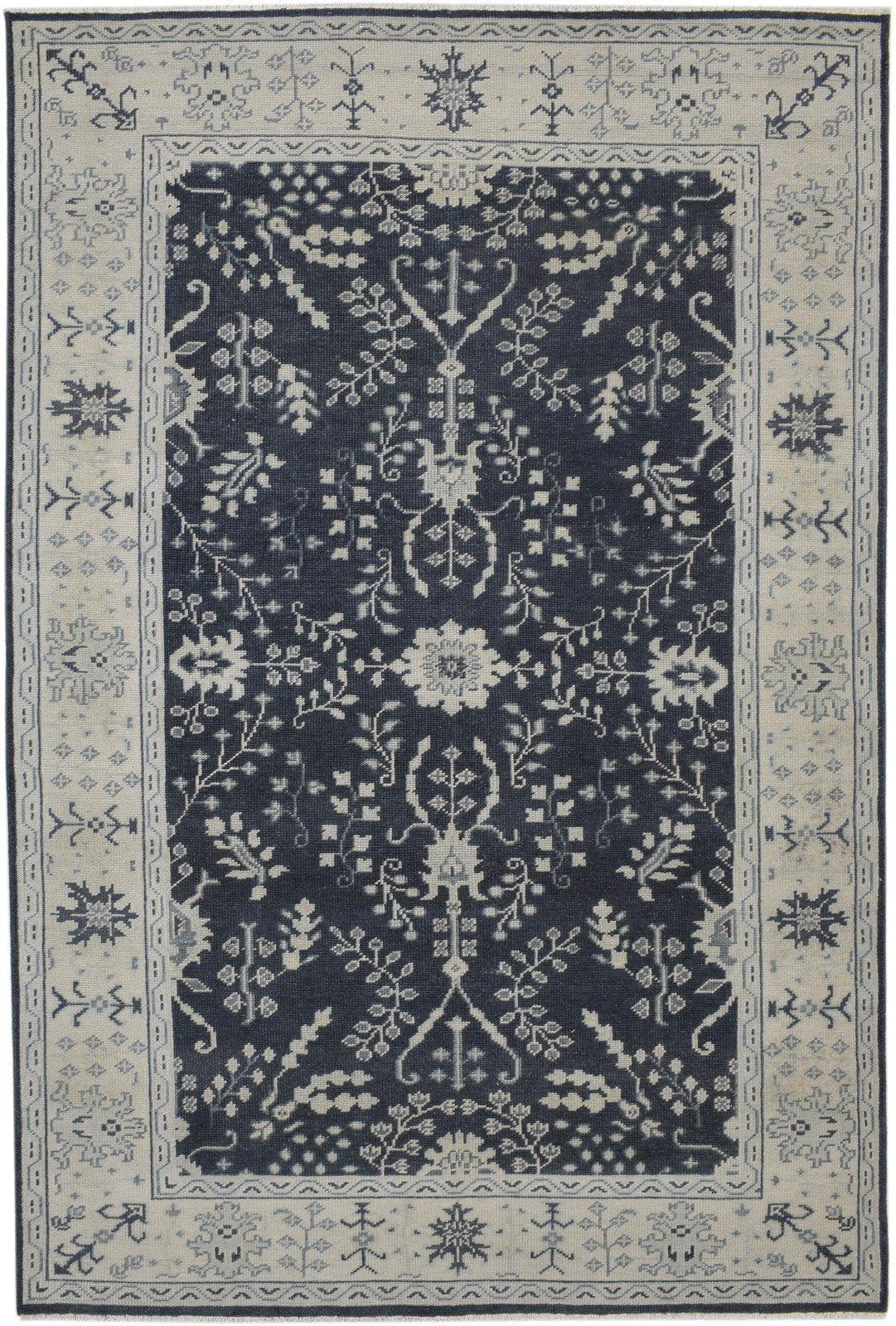 Hand Knotted Black Wool Rug 6X8 Persian Sarouk-Indian Oriental Room Size Carpet 