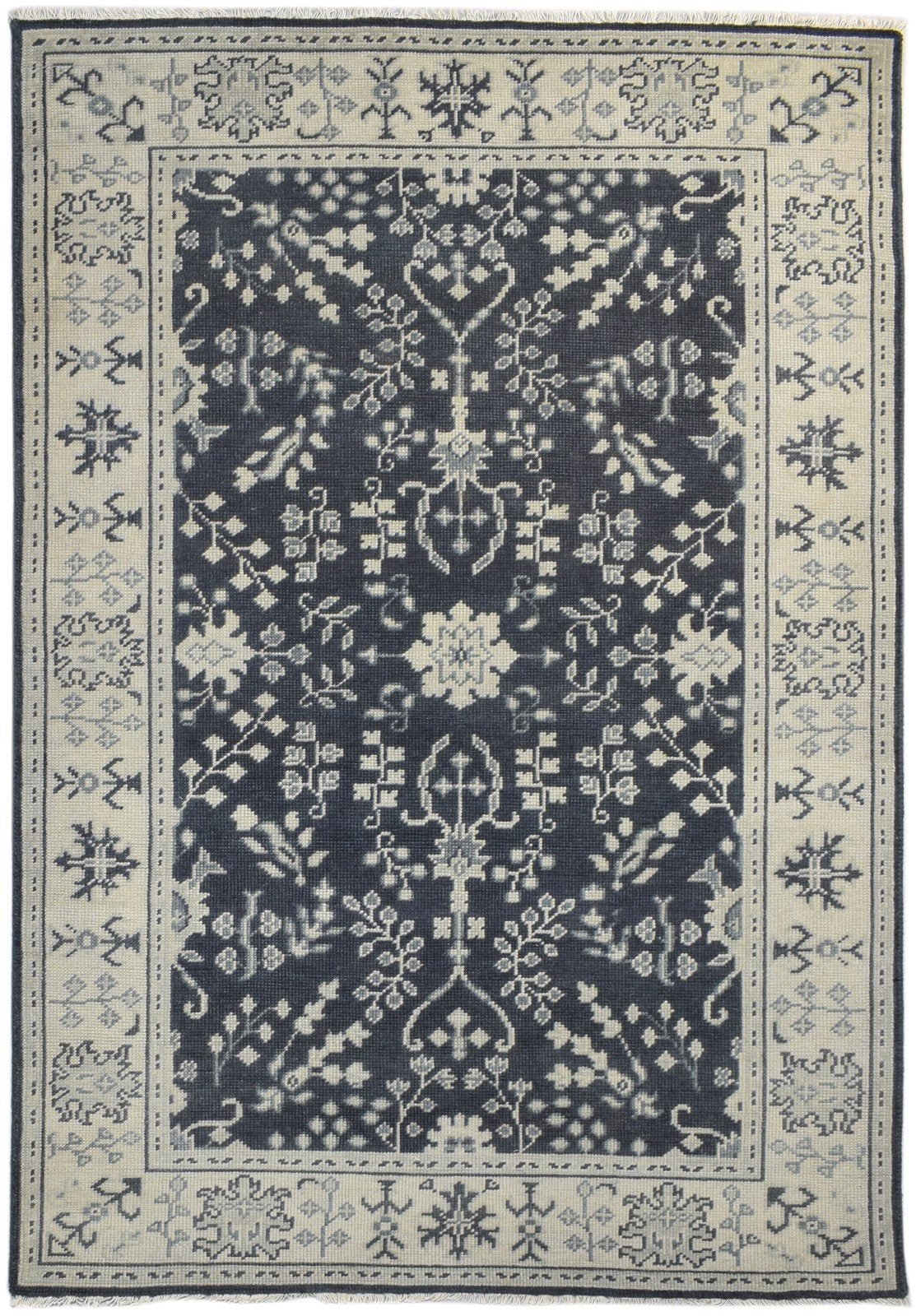 Black Wool Rug 5X7 Persian Hand Knotted Sarouk-Indian Oriental Room Size Carpet