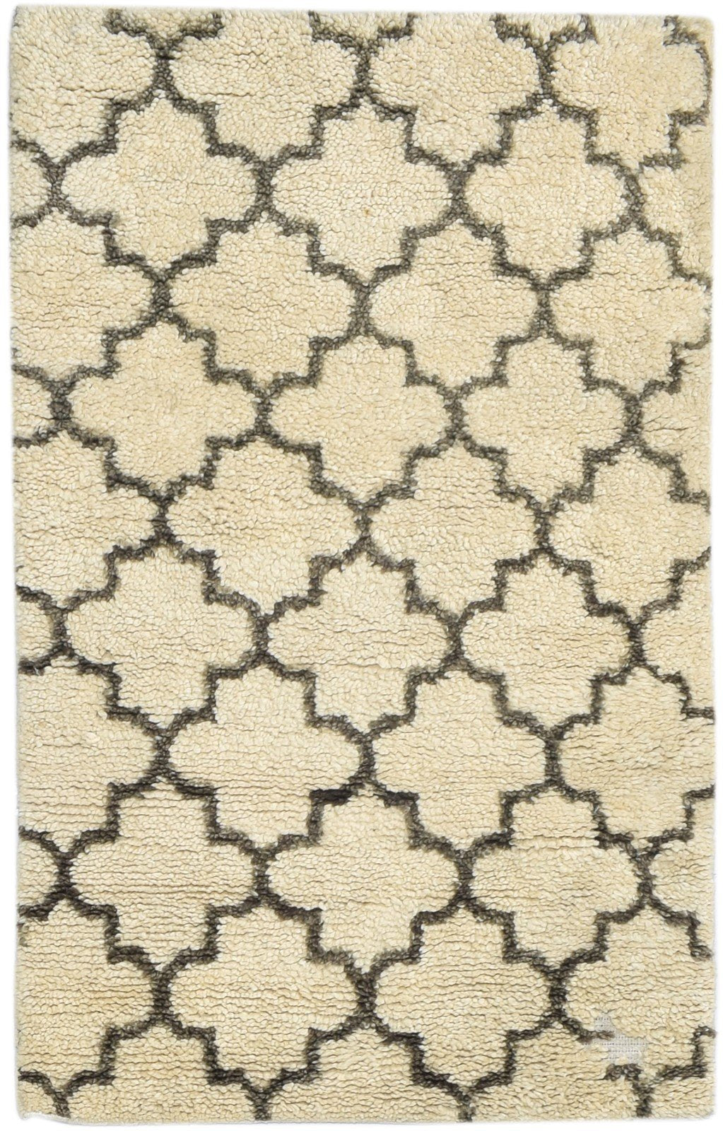 Wool Ivory Rug 3' X 5' Shag Hand Knotted Moroccan Trellis Small Carpet