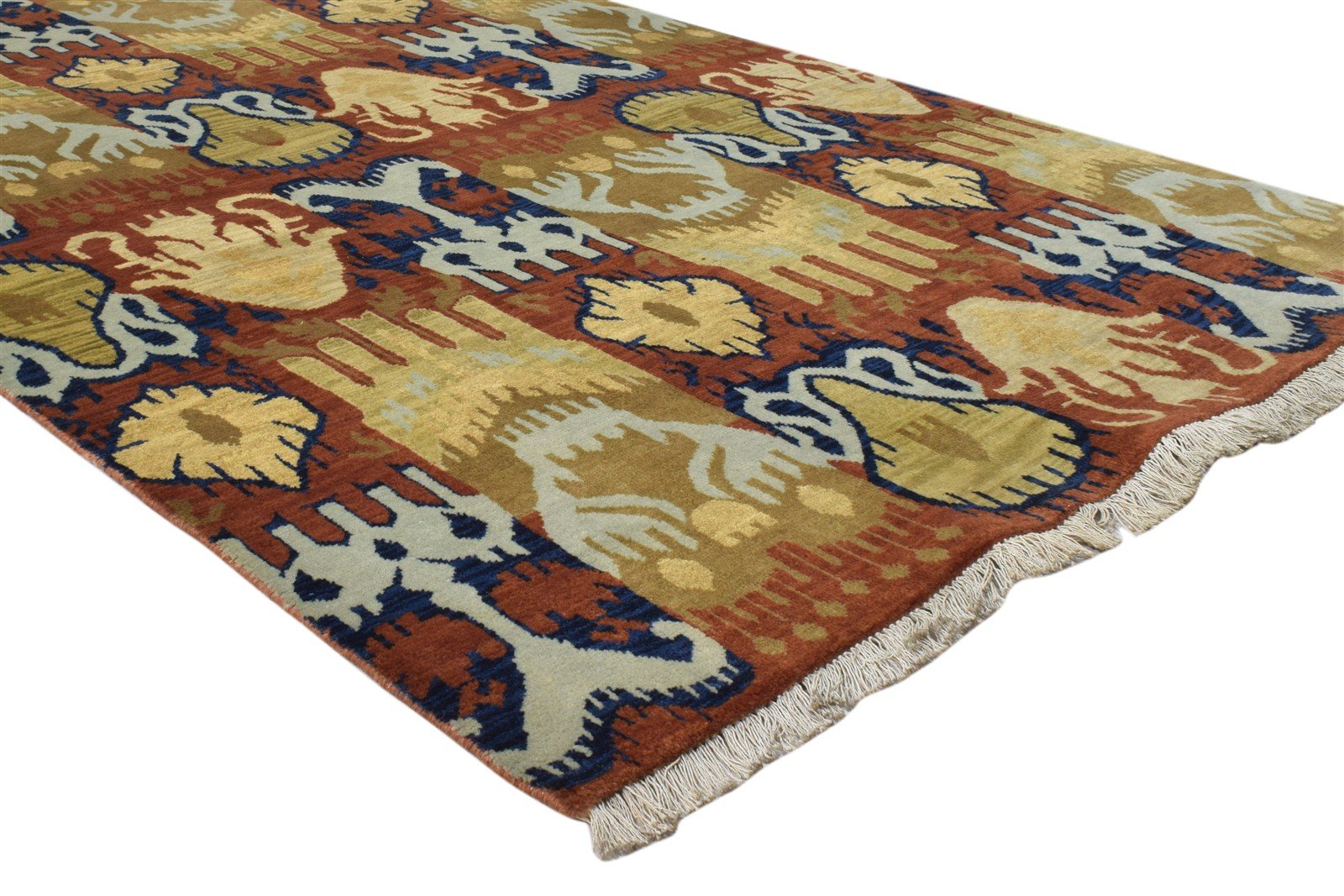 Hand Knotted Rust Wool Rug 4' X 6' Modern Oriental Ikat Room Size Carpet 