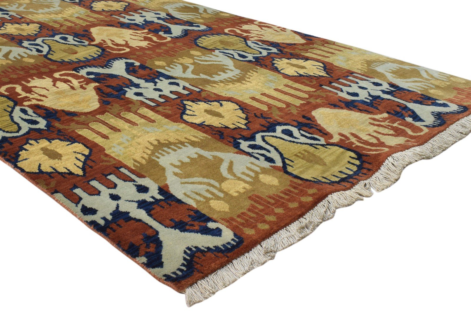 Hand Knotted Rust Wool Rug 4' X 6' Modern Oriental Ikat Room Size Carpet 