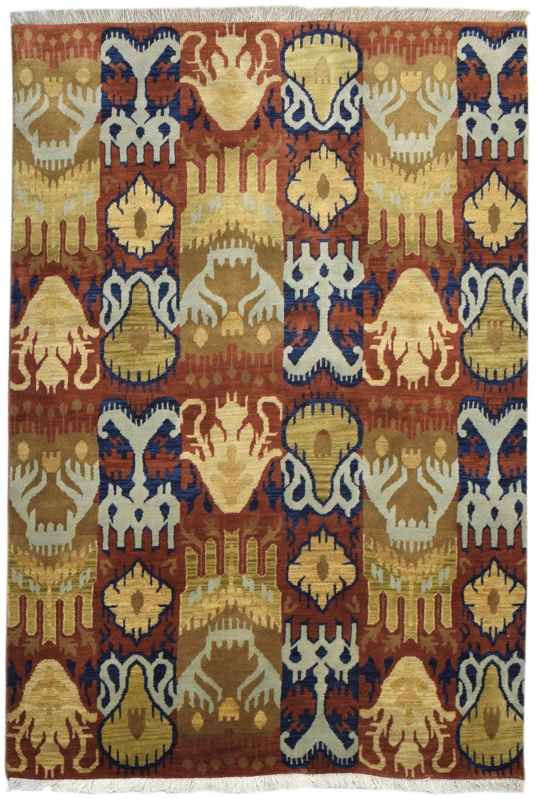 Hand Knotted Rust Wool Rug 4' X 6' Modern Oriental Ikat Room Size Carpet 