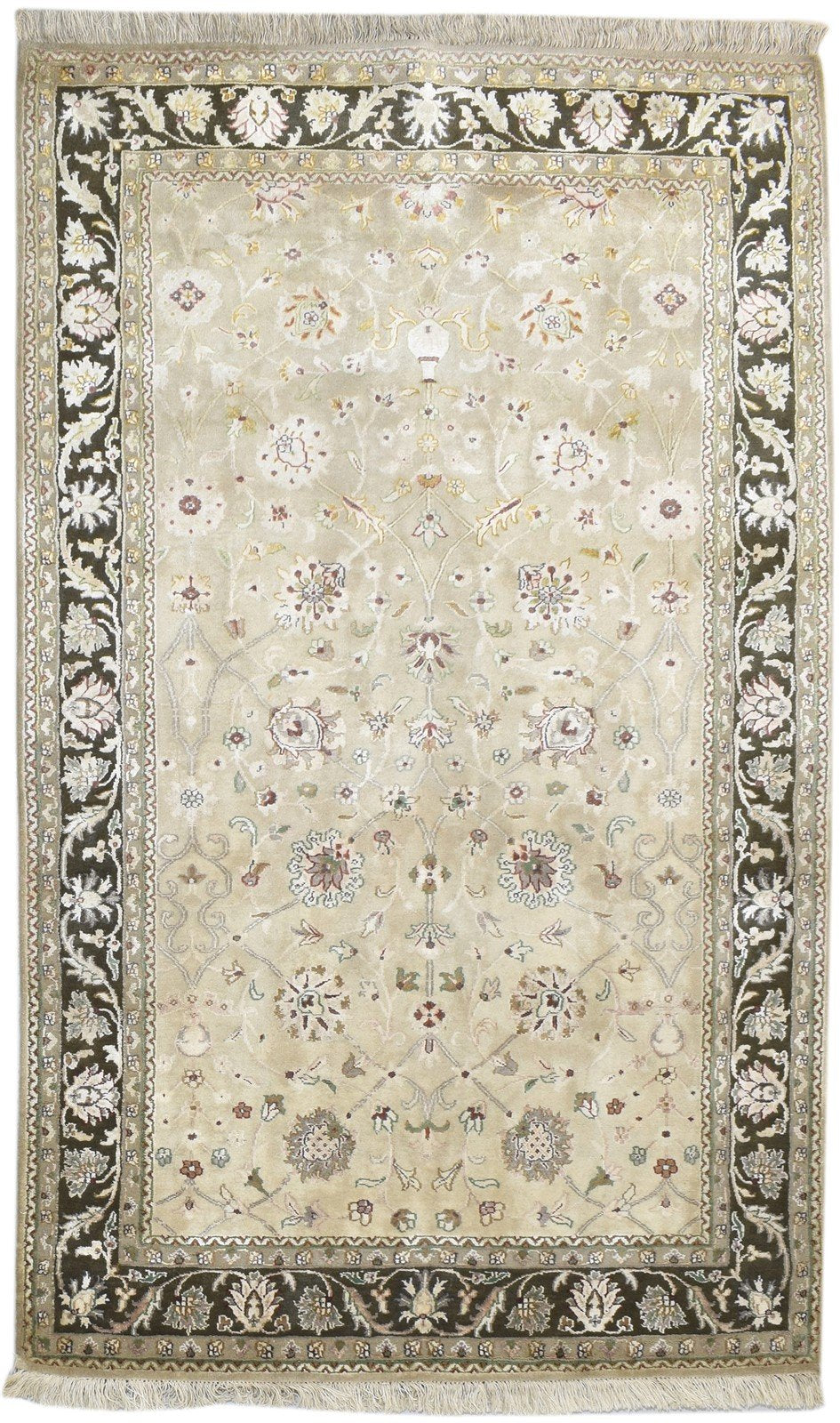 Hand Knotted Ivory Wool / Silk Rug 4X7 Persian Kashan Oriental Room Size Carpet 