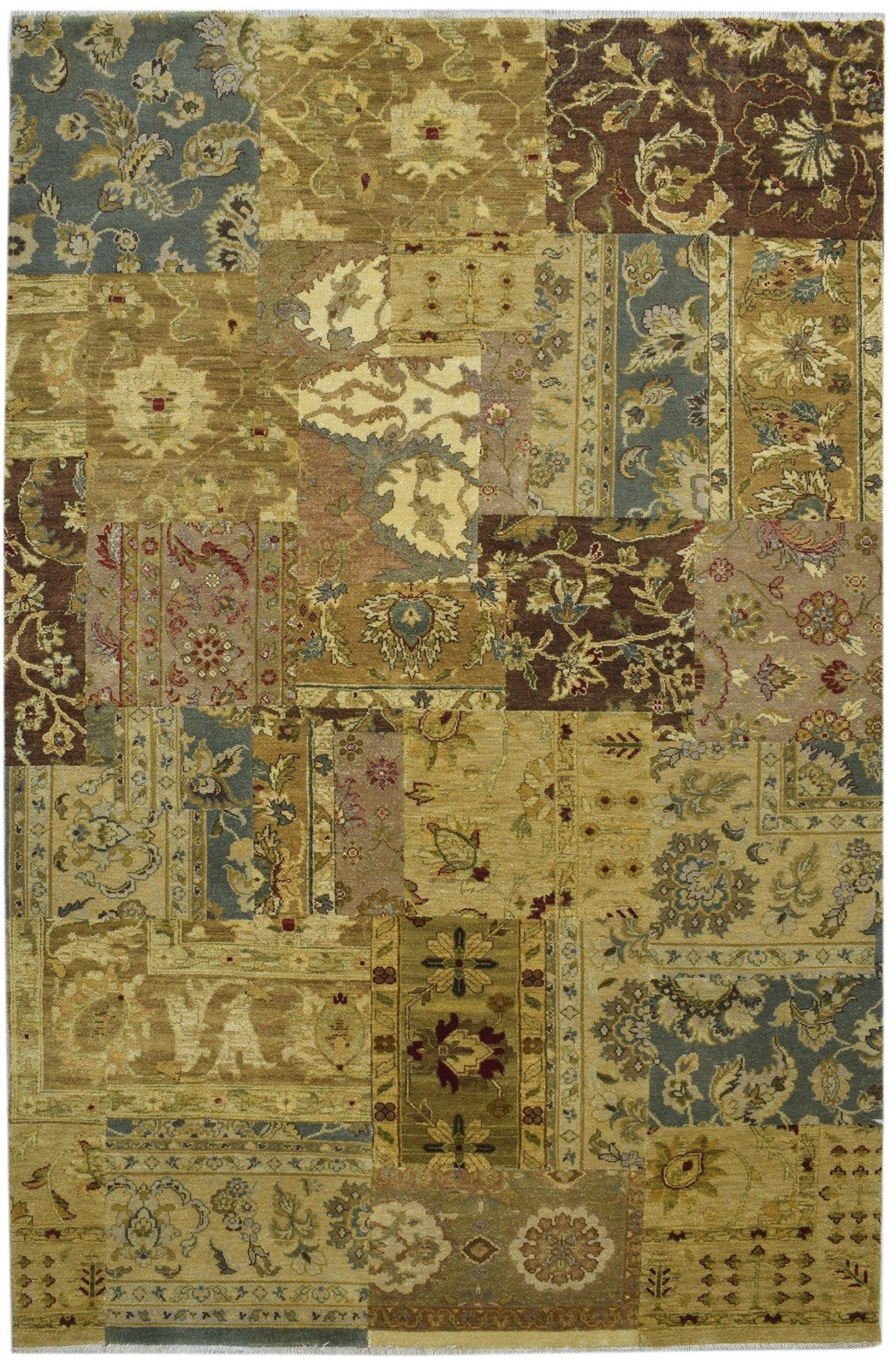 Hand Knotted Gold Wool Rug 6' X 9' Modern Oriental Patchwork Room Size Carpet