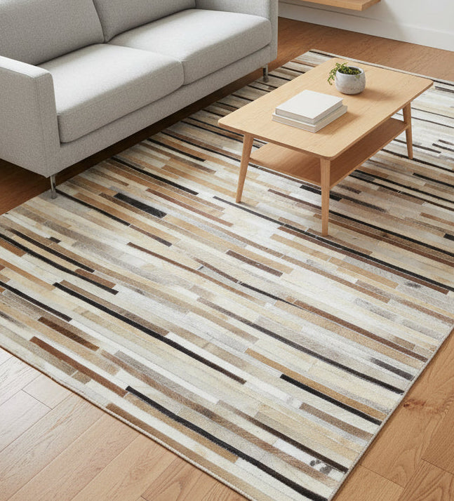 Allx Handmade Leather Brown Striped Area Rug | Modern Patchwork Cowhide Rug   9061000315029