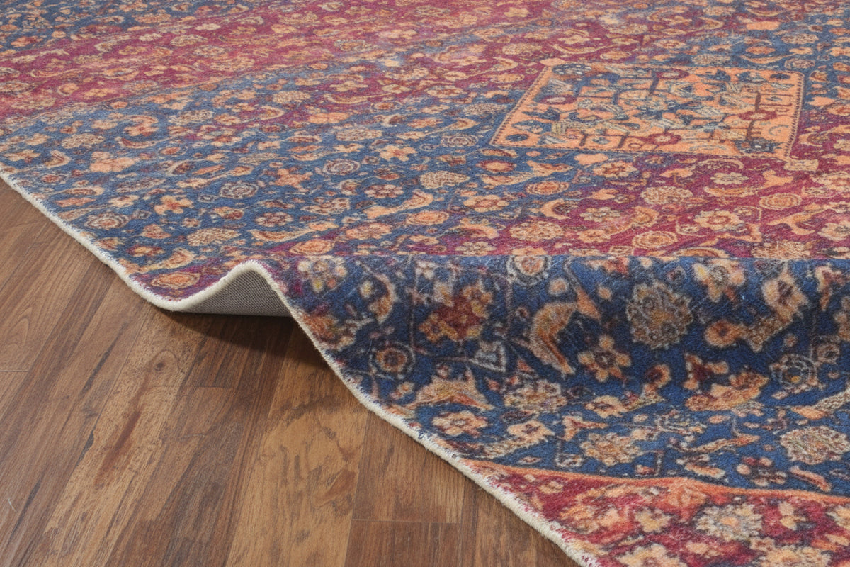 Amaris Handmade Vintage Blue Nursery Rug – Jewel-Toned Distressed Medallion   9125616615573