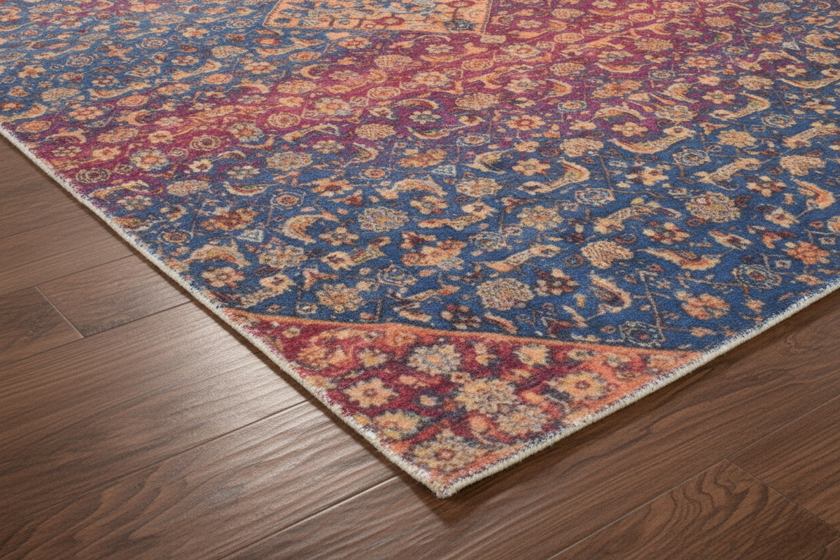 Amaris Handmade Vintage Blue Nursery Rug – Jewel-Toned Distressed Medallion   9125616615573