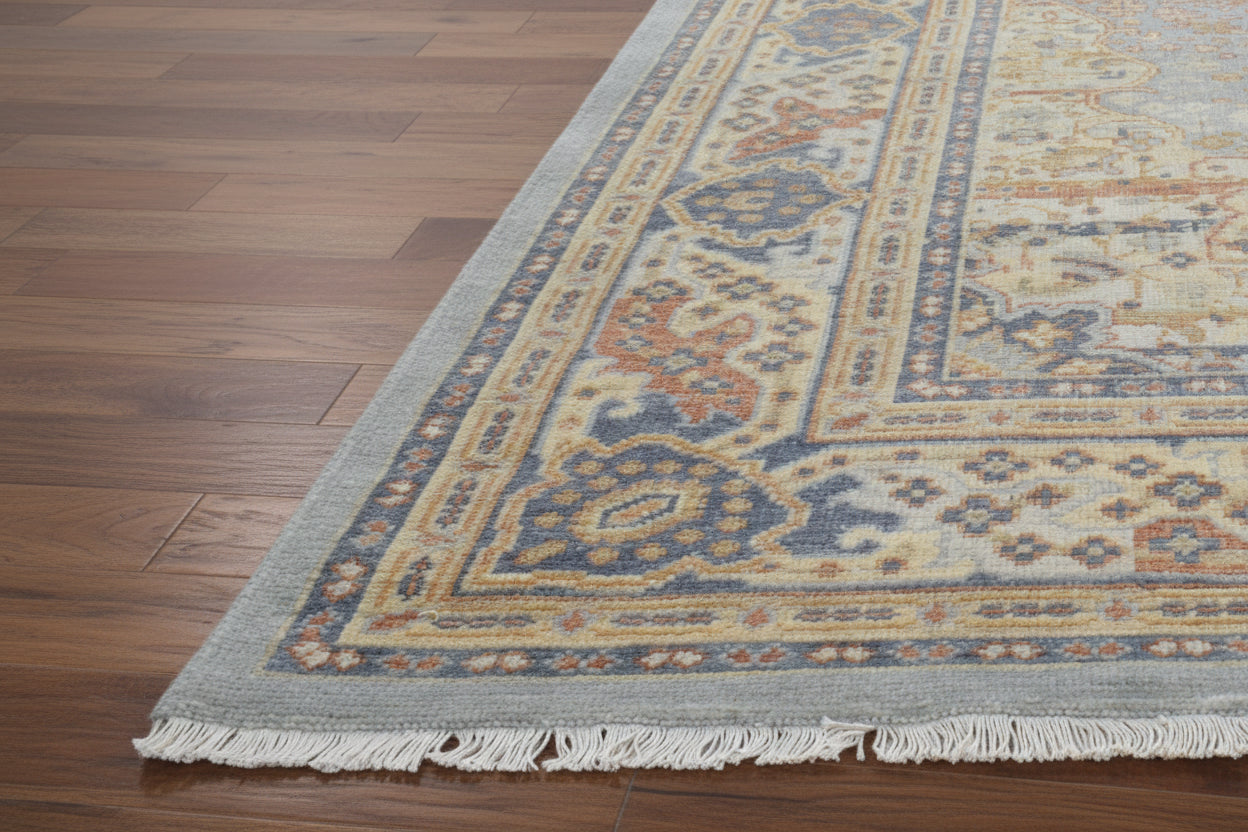 Azelora Blue Beige Hand-Knotted Rug – Vintage Heriz Serapi Persian Style Area Rug   9194586996885