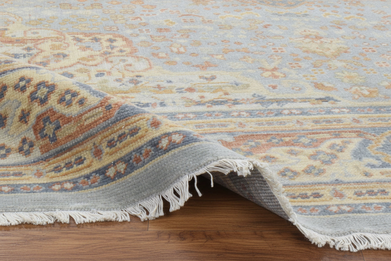 Azelora Blue Beige Hand-Knotted Rug – Vintage Heriz Serapi Persian Style Area Rug   9194586996885