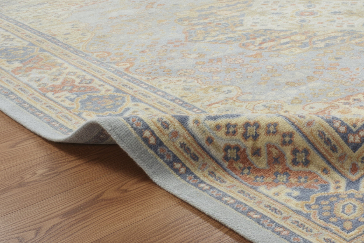 Azelora Blue Beige Hand-Knotted Rug – Vintage Heriz Serapi Persian Style Area Rug   9194586996885