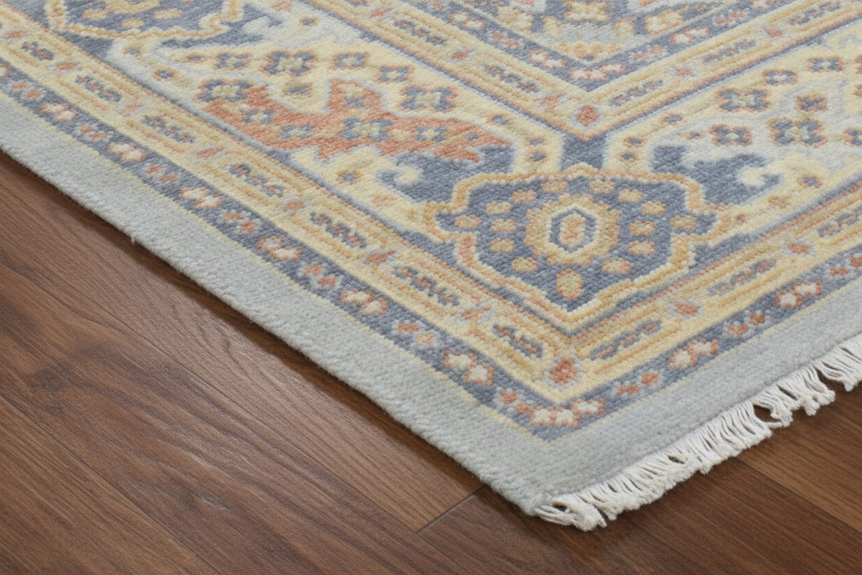 Azelora Blue Beige Hand-Knotted Rug – Vintage Heriz Serapi Persian Style Area Rug   9194586996885