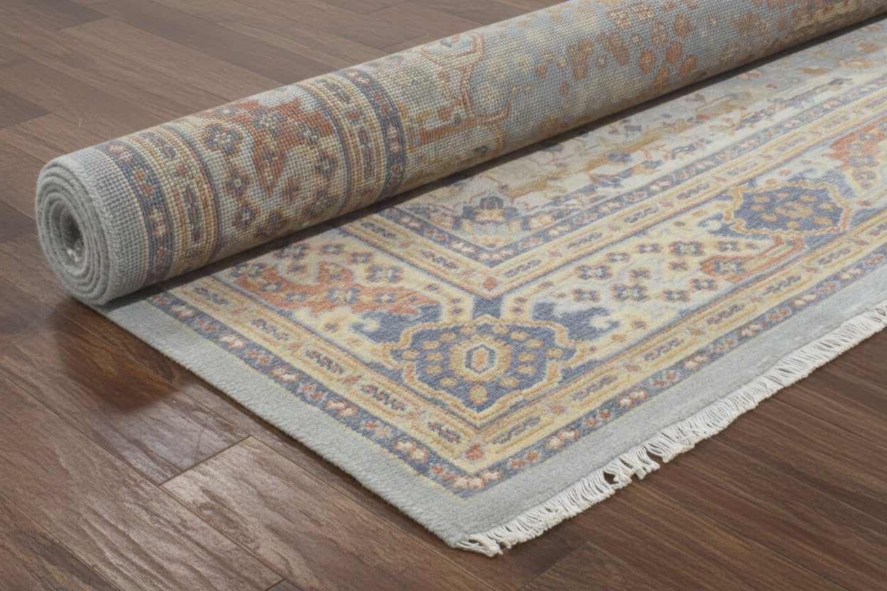 Azelora Blue Beige Hand-Knotted Rug – Vintage Heriz Serapi Persian Style Area Rug   9194586996885