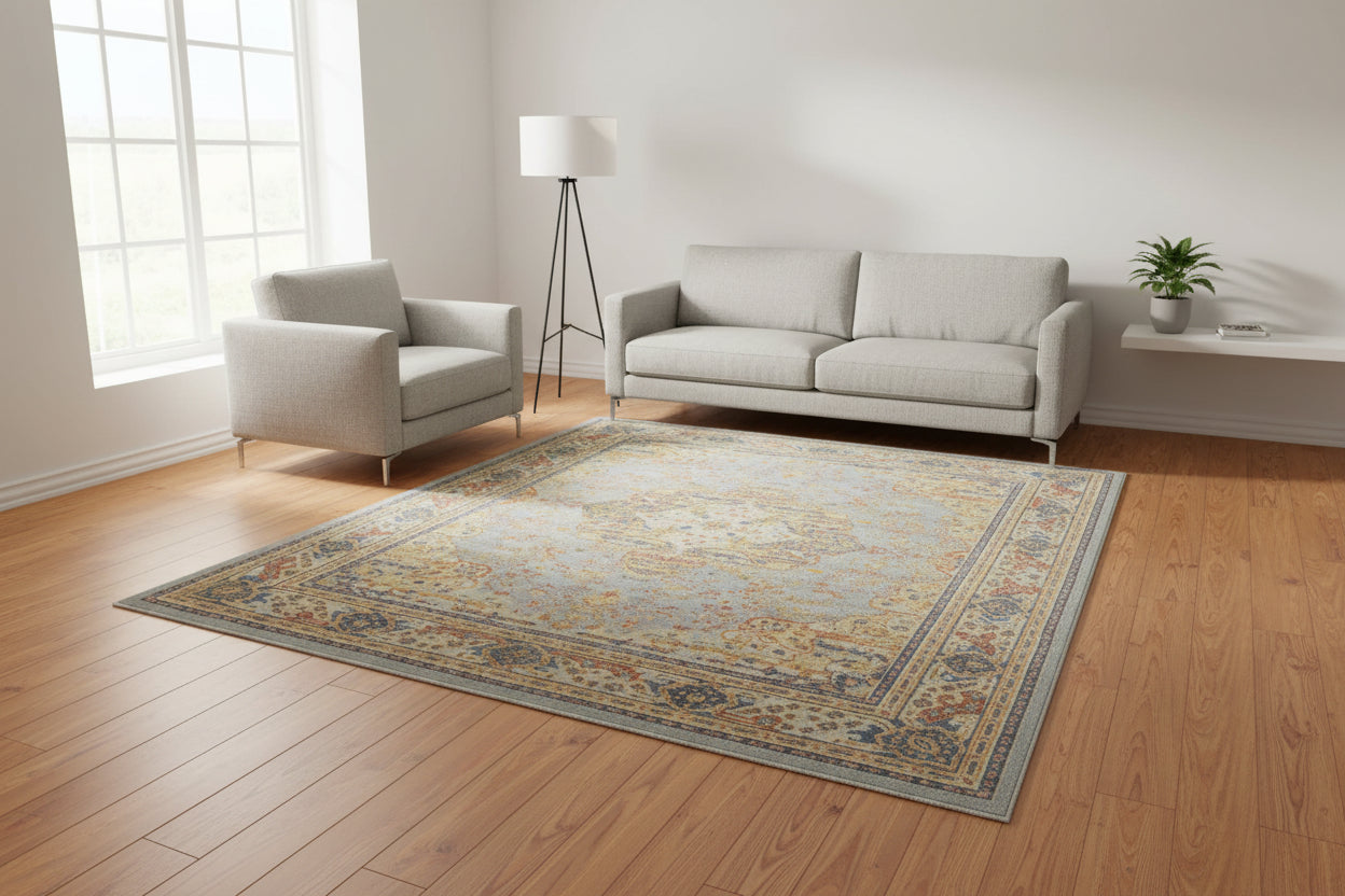 Azelora Blue Beige Hand-Knotted Rug – Vintage Heriz Serapi Persian Style Area Rug   9194586996885